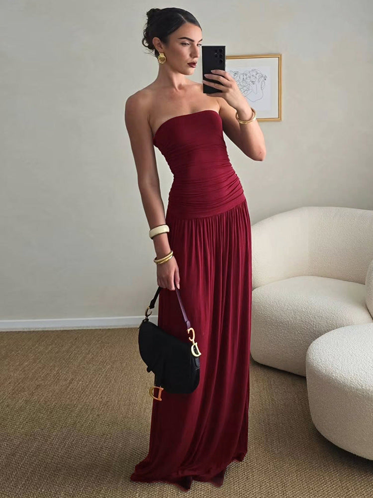 Strapless Ruched Bodice Drop Waist Maxi Dress 4