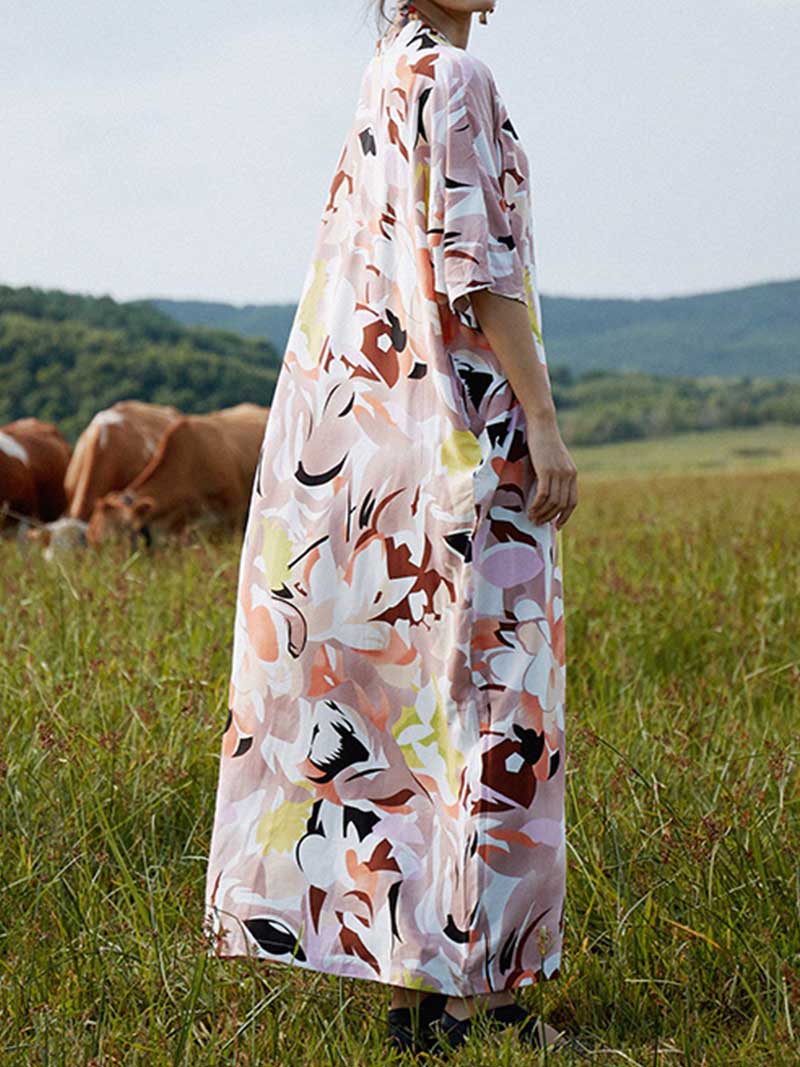 Abstract Floral Print Half Sleeve Kaftan Maxi Dress 4