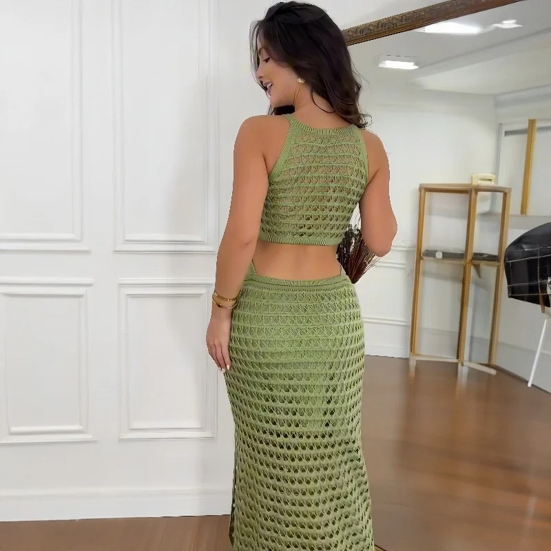 Crochet Knit One Shoulder Ring Waist Cut Out Side Slit Maxi Dress - View 6