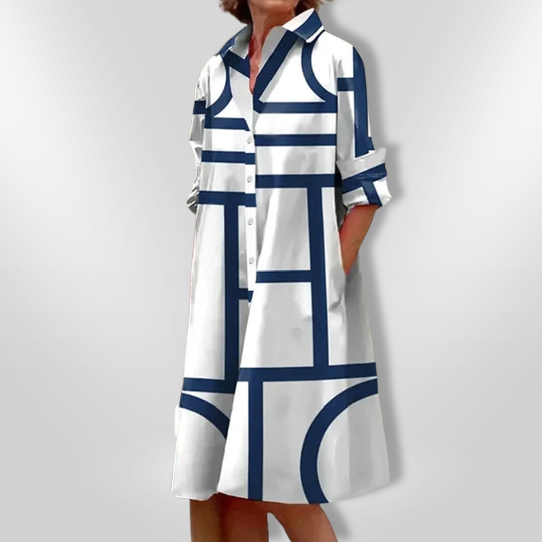 Geometric Print Collared Button Front Long Sleeve Midi Dress