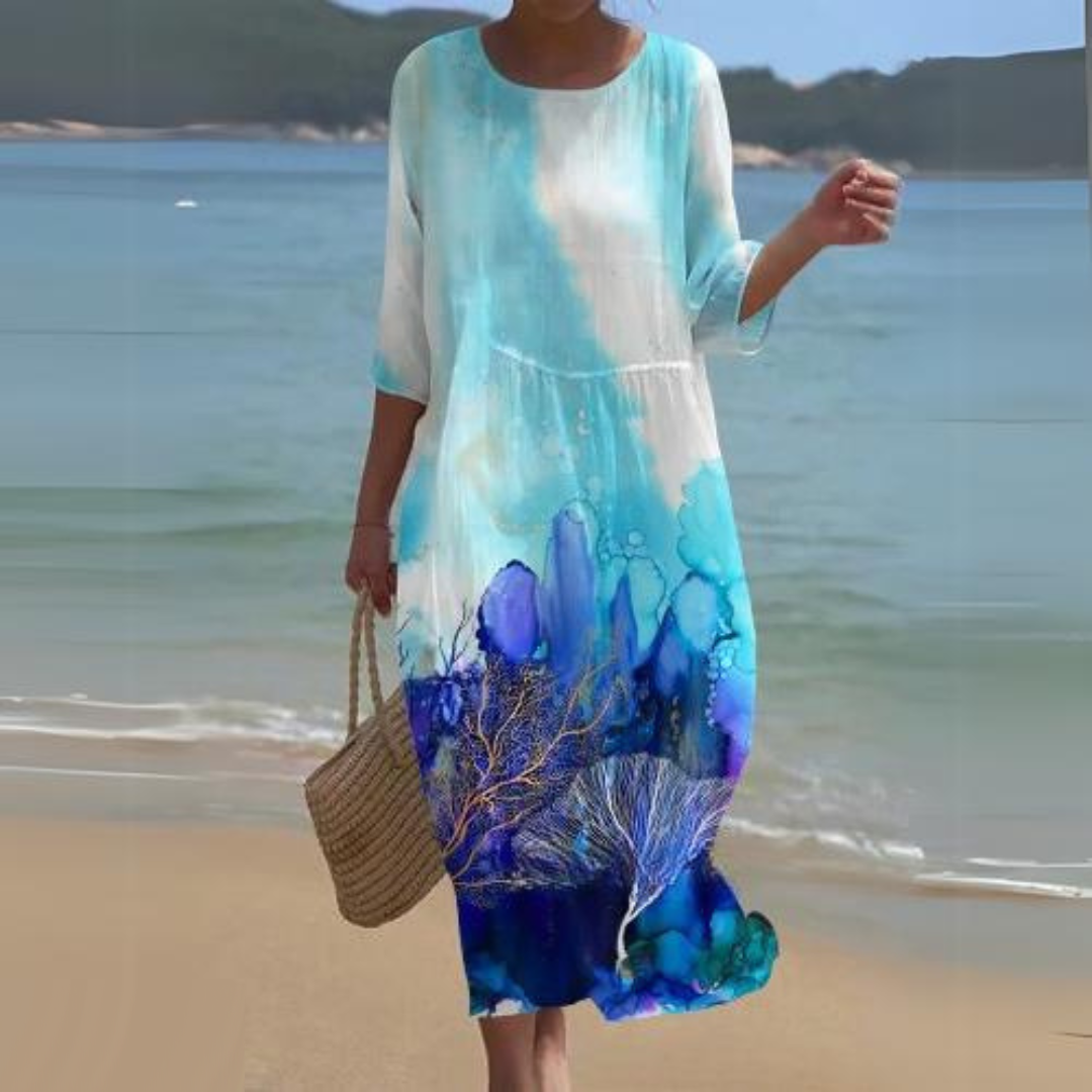 Floral Round Neck Half Sleeve Shift Summer Midi Dress - View 10