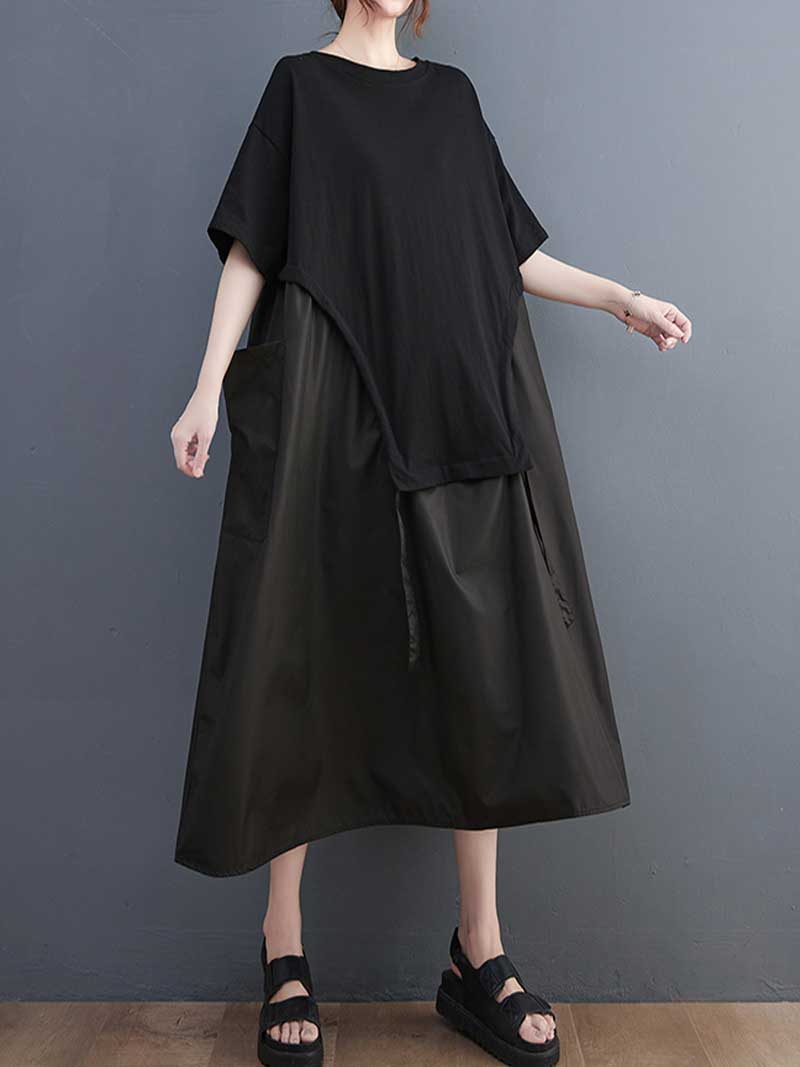 Plain Cotton Short Sleeve Pocket Style Midi Dress 2