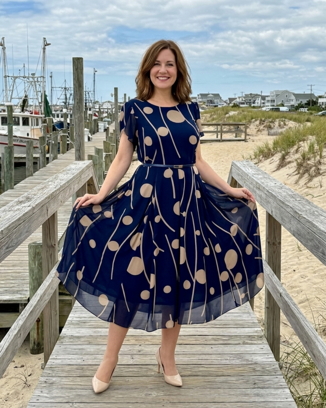 Polka Dot Print Short Sleeve Belted Midi Dress
