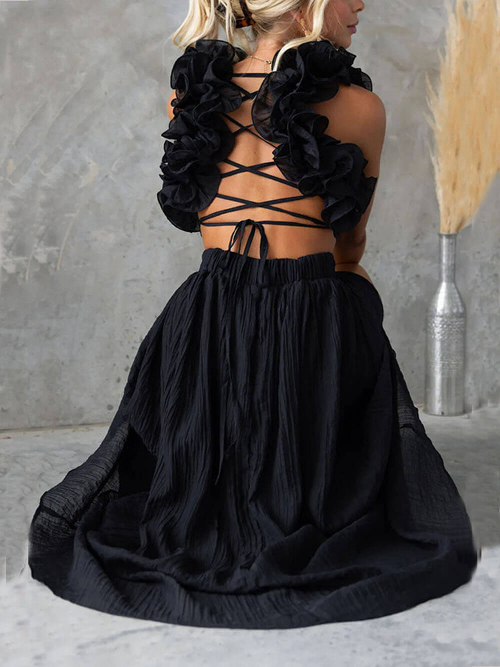 Floral Ruffle Detail Back Lace-Up Elastic Waist Maxi Dress - Fashionpara