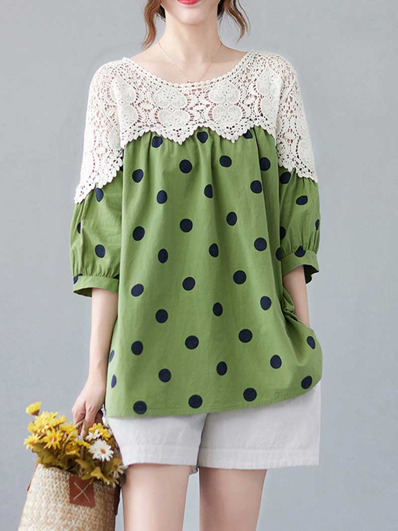 Polka Dot Print Cotton Floral Net Lace Shirt Top - Fashionpara