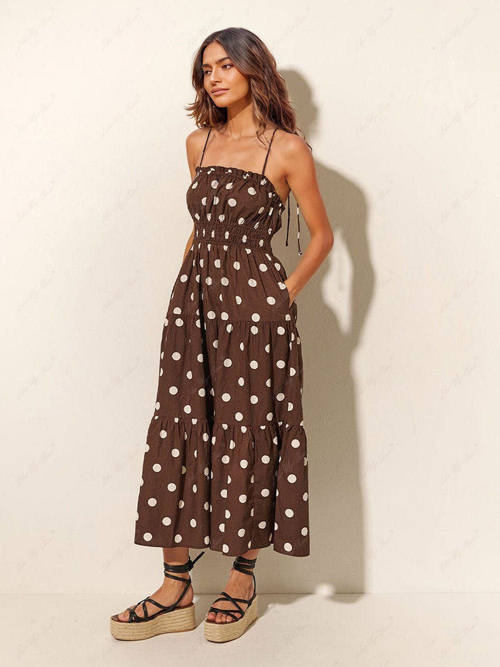 Chocolate And Ivory Polka Dot Trendy Print Pleated Elastic Strap Dress
