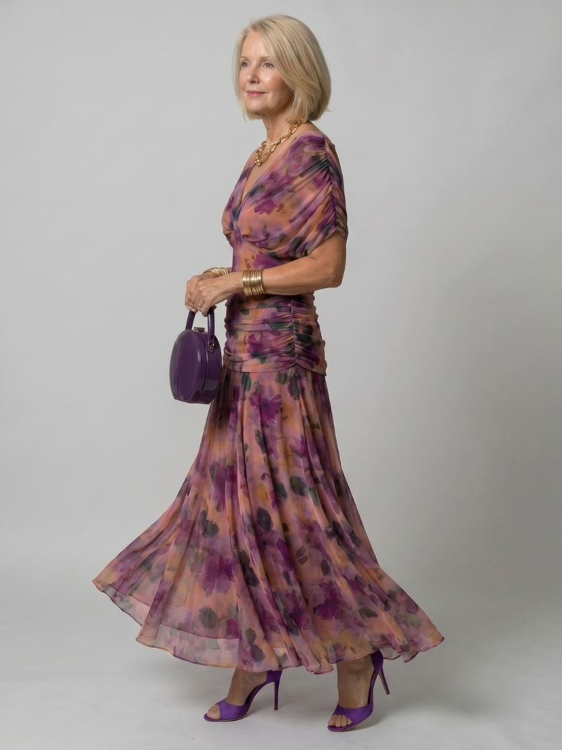 Floral Off Shoulder Ruched Chiffon Maxi Dress 2