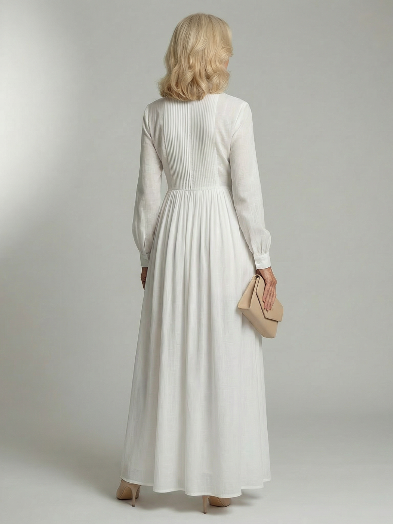 Collared Long Sleeve Pintuck Button Front Maxi Shirt Dress 4