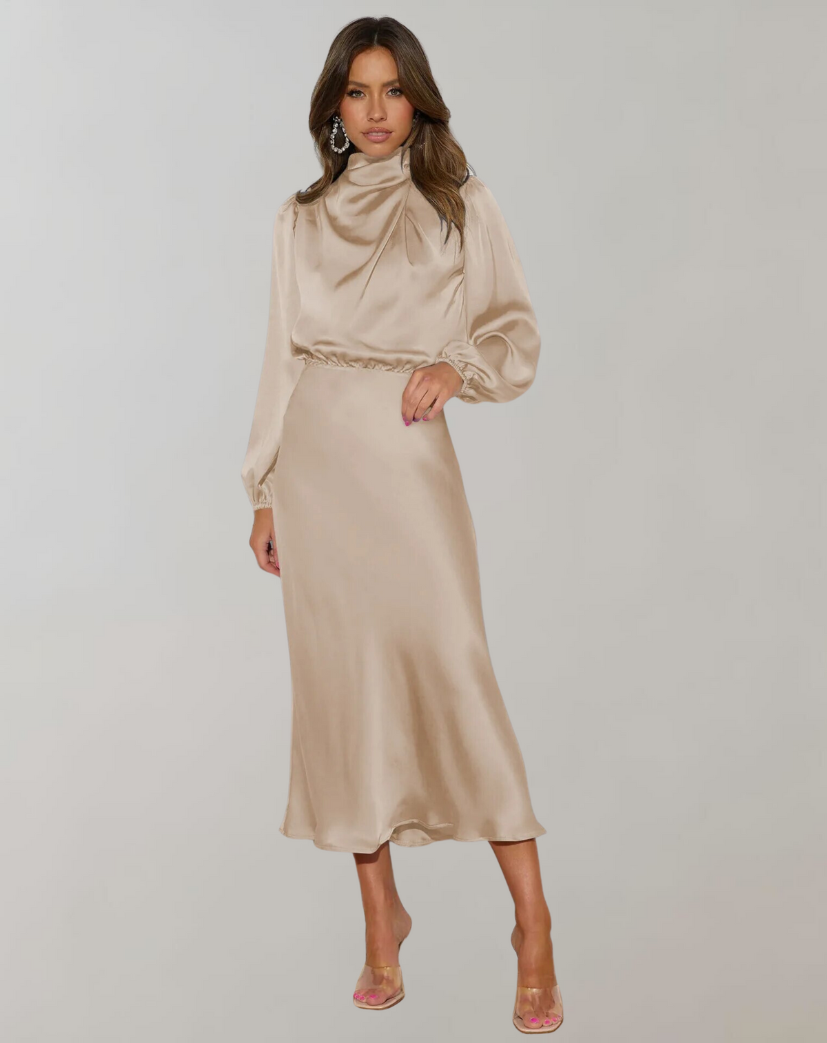 Satin Mock Neck Draped Bishop Sleeve Elastic Waist Midi Dress - View 3