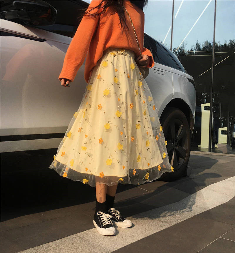 KittenAlarm - High Waist Mesh Lace Flower Long Skirt