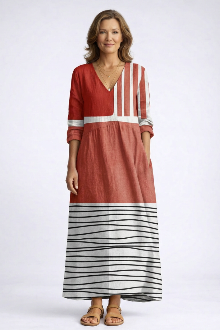 Striped V-Neck Long Sleeve Pocket Maxi Dress