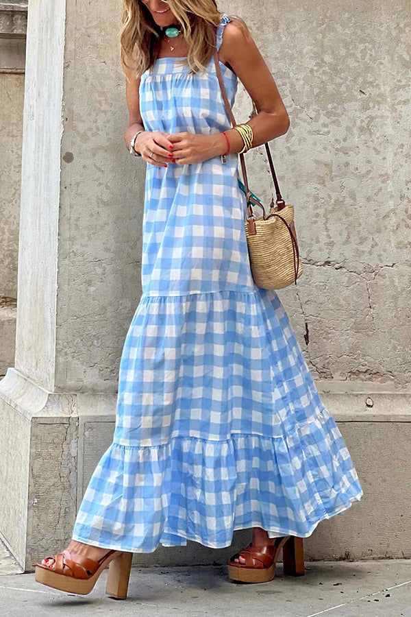 Strapless plaid stitching sleeveless dress with straps - Fashionpara
