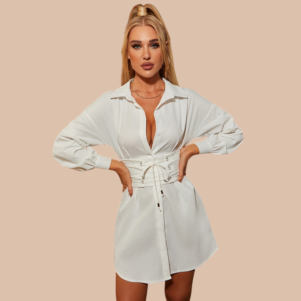 Lavo Shirt Dress With Corset Lace Up Belt - Fashionpara