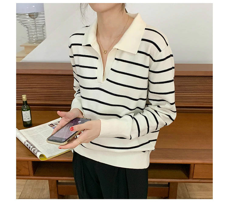 KittenAlarm - Striped Turn Down Collar Long Sleeve Sweater