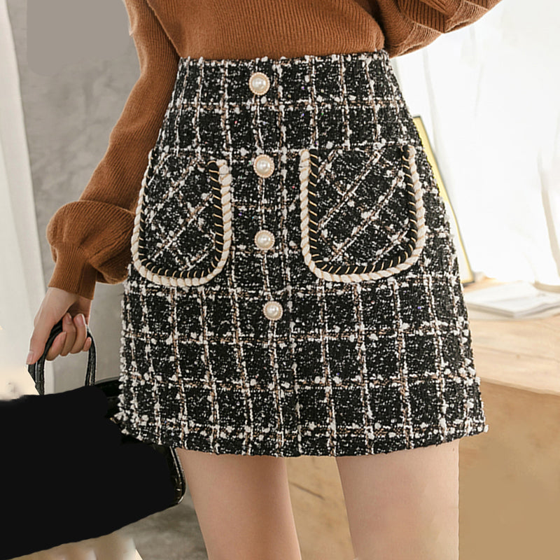 Elegant Pearl Button Wool Plaid Mini Skirts - Fashionpara