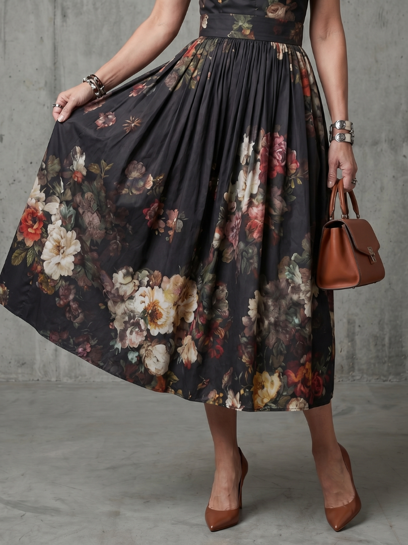 Floral High Neck Keyhole Cap Sleeve Pleated Midi Dress 4