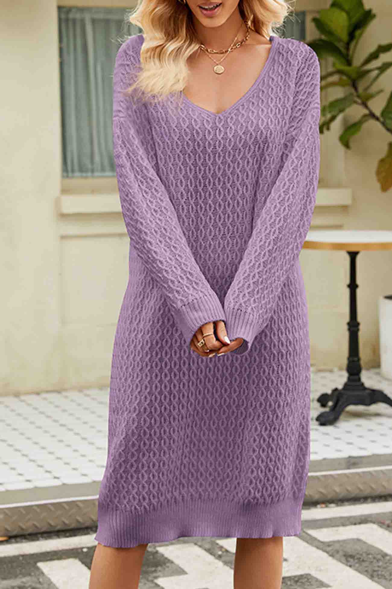 AROLORA Solid Color Long Knitted Midi Sweater Dress