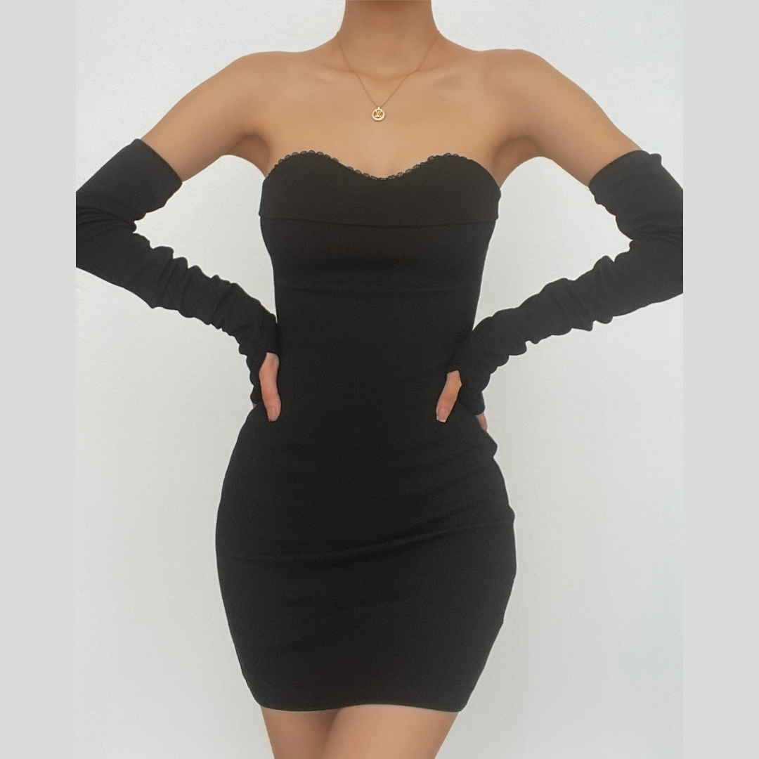 Ribbed Strapless Sweetheart Lace Trim Mini Dress and Glove Sleeve Set