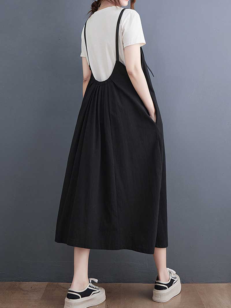 Plain Green Black Hemp Material Salopette Dress - Fashionpara