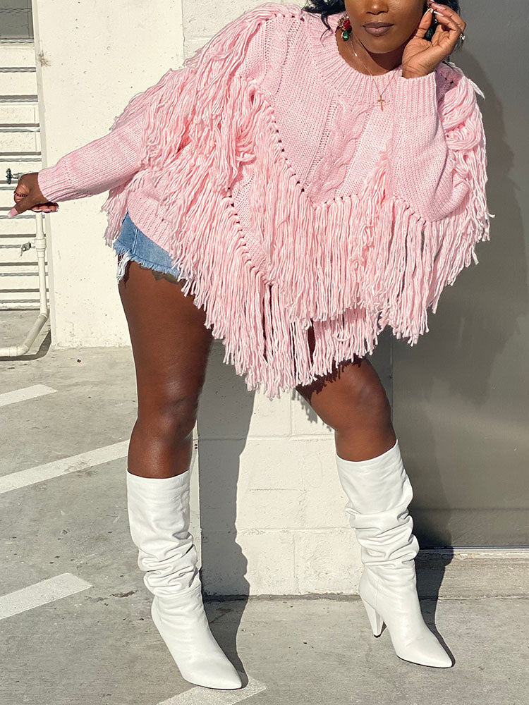 Tassel Fringe Cable Knit Sweater