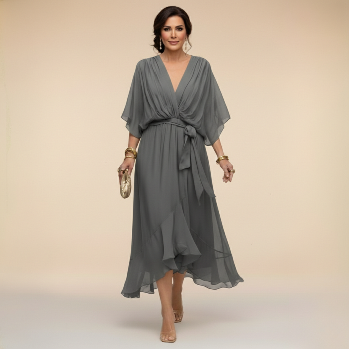 Chiffon Wrap V-Neck Tie Waist Ruffle Hem Midi Dress 8