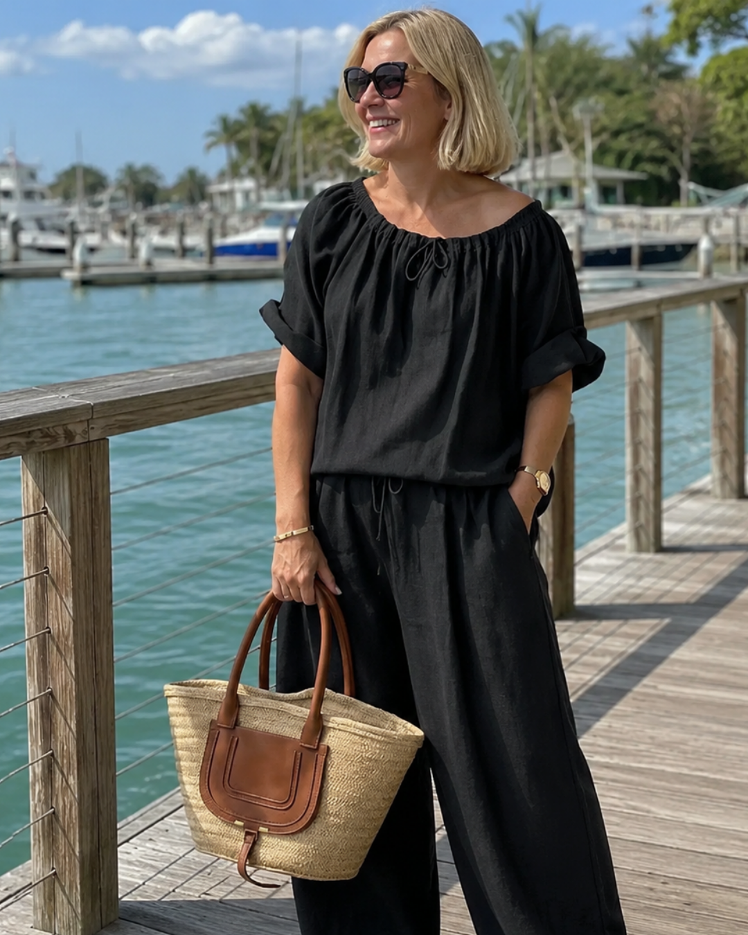 Off Shoulder Top and Wide Leg Pants Two Piece Set 2