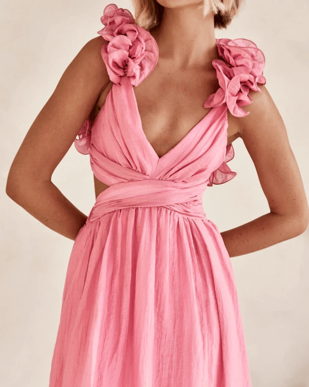 Floral Ruffle Detail Back Lace-Up Elastic Waist Maxi Dress - Fashionpara