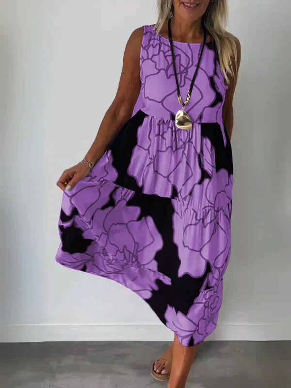 Sleeveless Round Neck Tiered Swing Midi Summer Dress - View 5