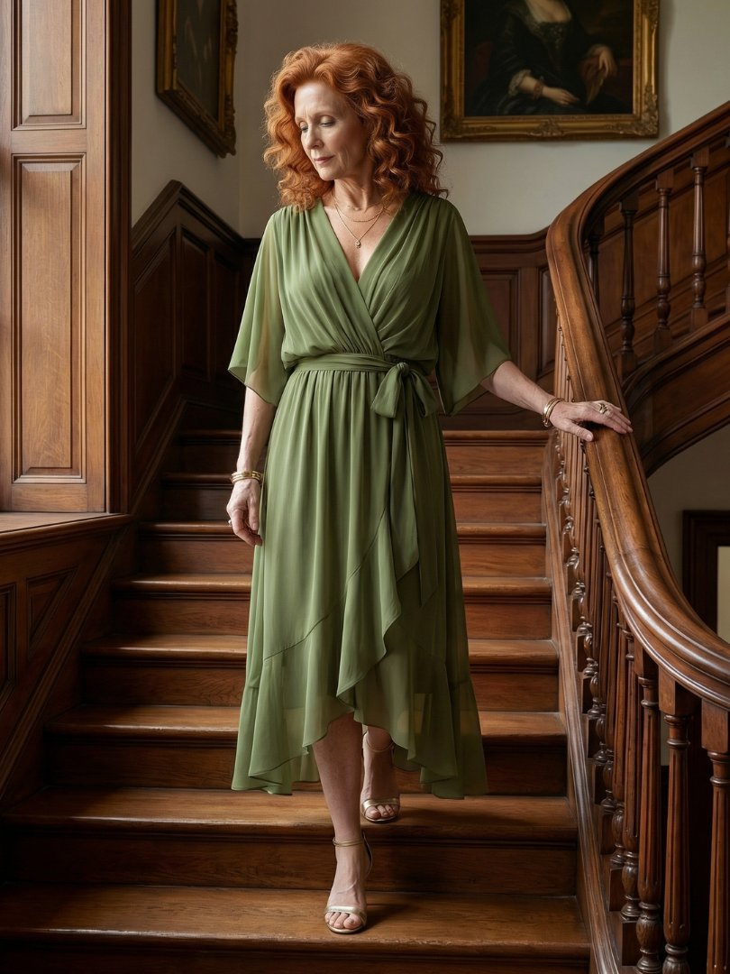 Chiffon Wrap V-Neck Flutter Sleeve Belted High Low Midi Dress 10