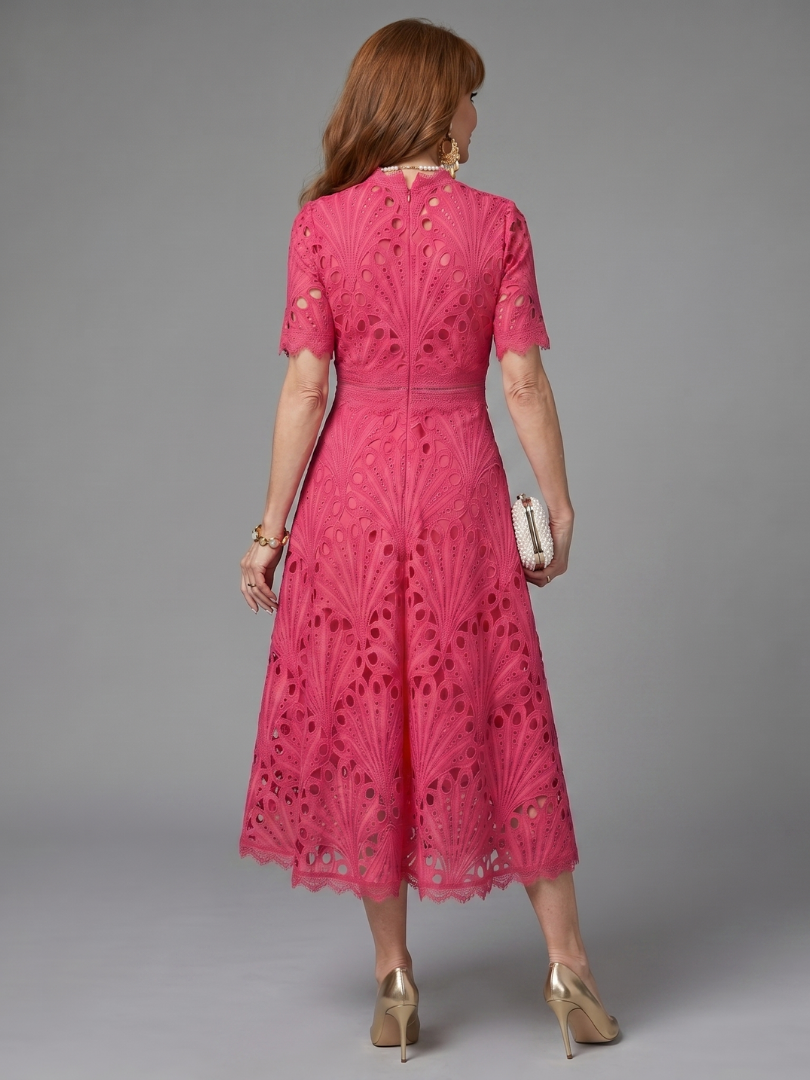 Eyelet Lace Mock Neck Short Sleeve Fit and Flare Midi Dress 4