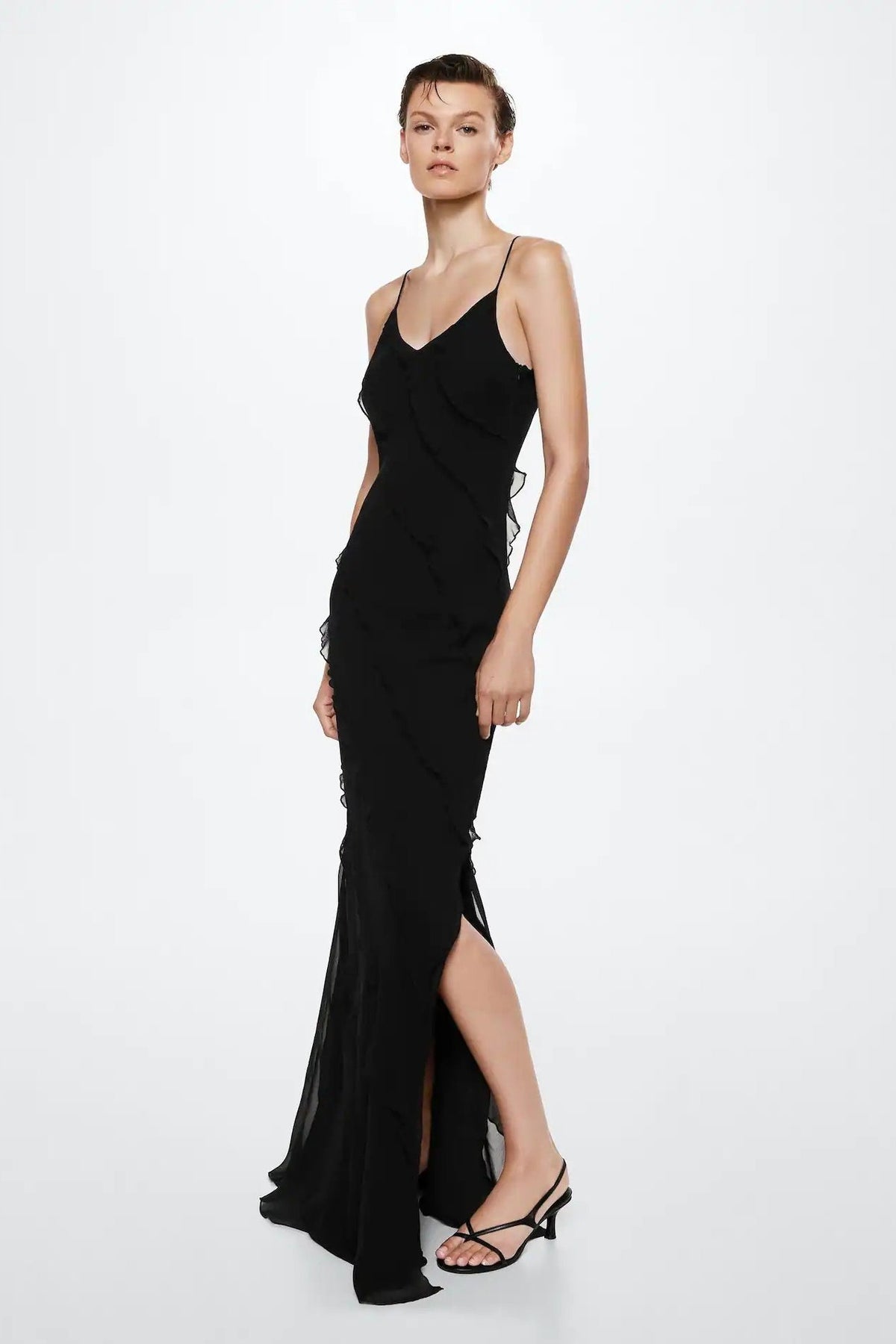 Chiffon V-Neck Ruffle High Split Slip Maxi Dress 5