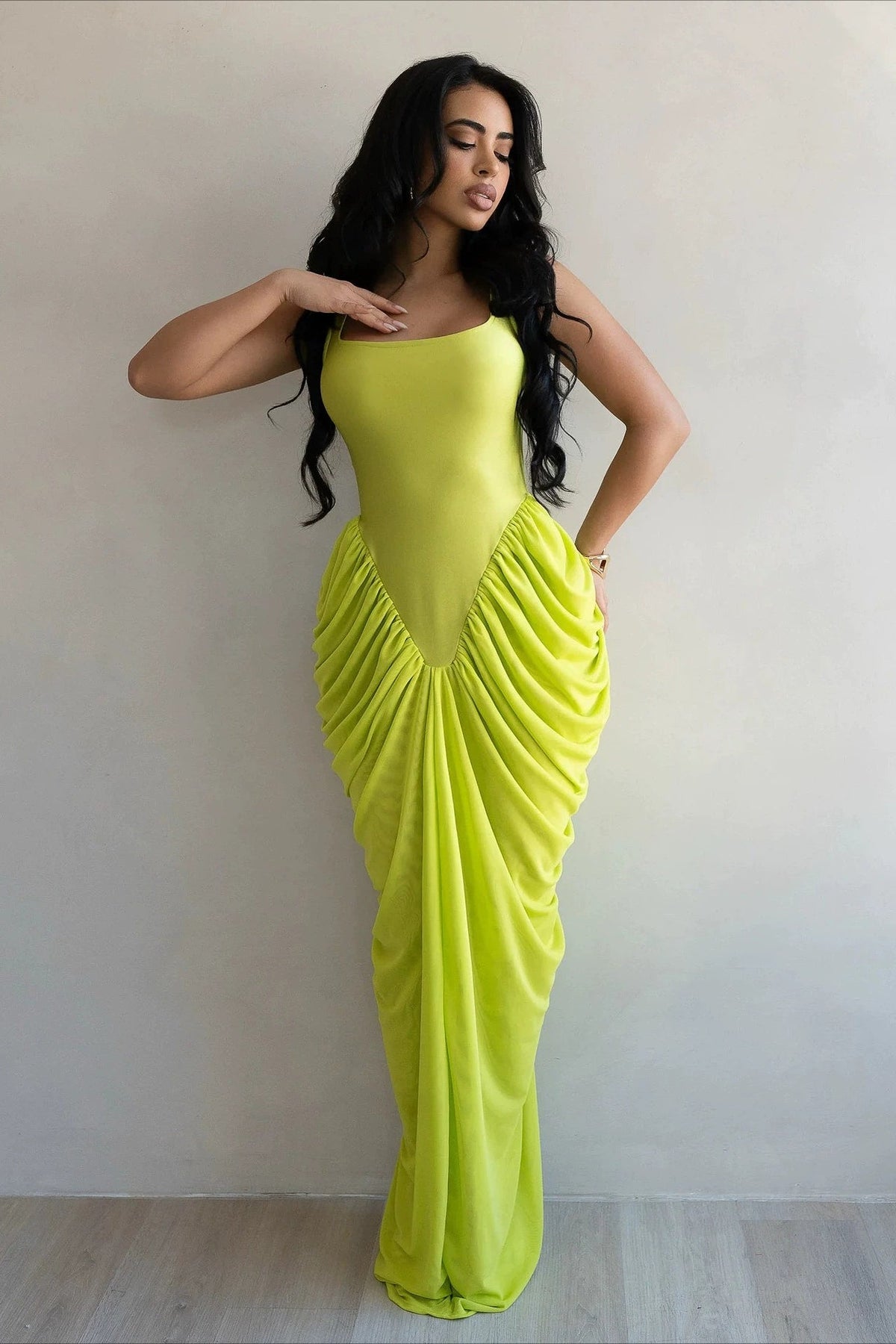Mesh Scoop Neck Ruched Draped Mermaid Maxi Dress