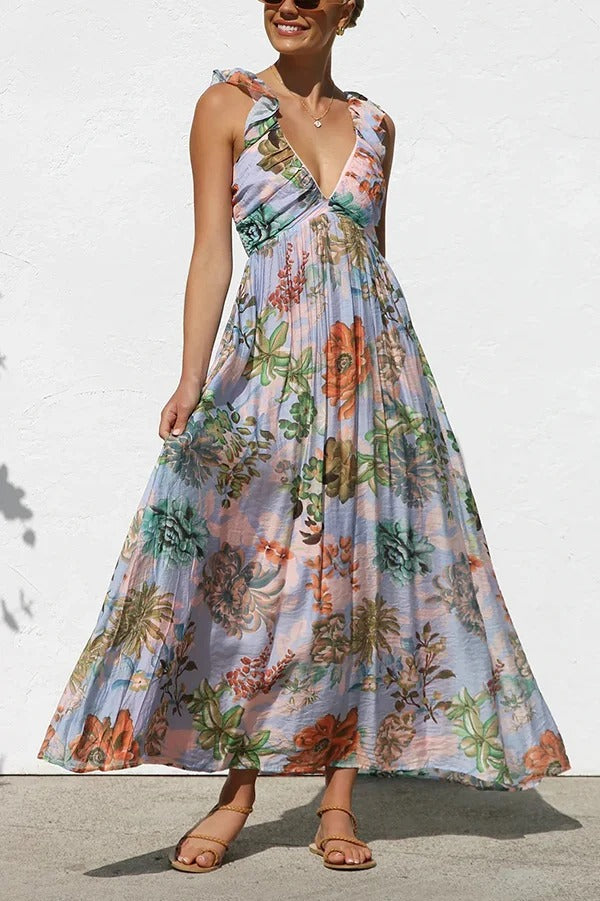 Unique Printed V-neck Ruffled Straps Pleated Back Maxi Dress - Fashionpara