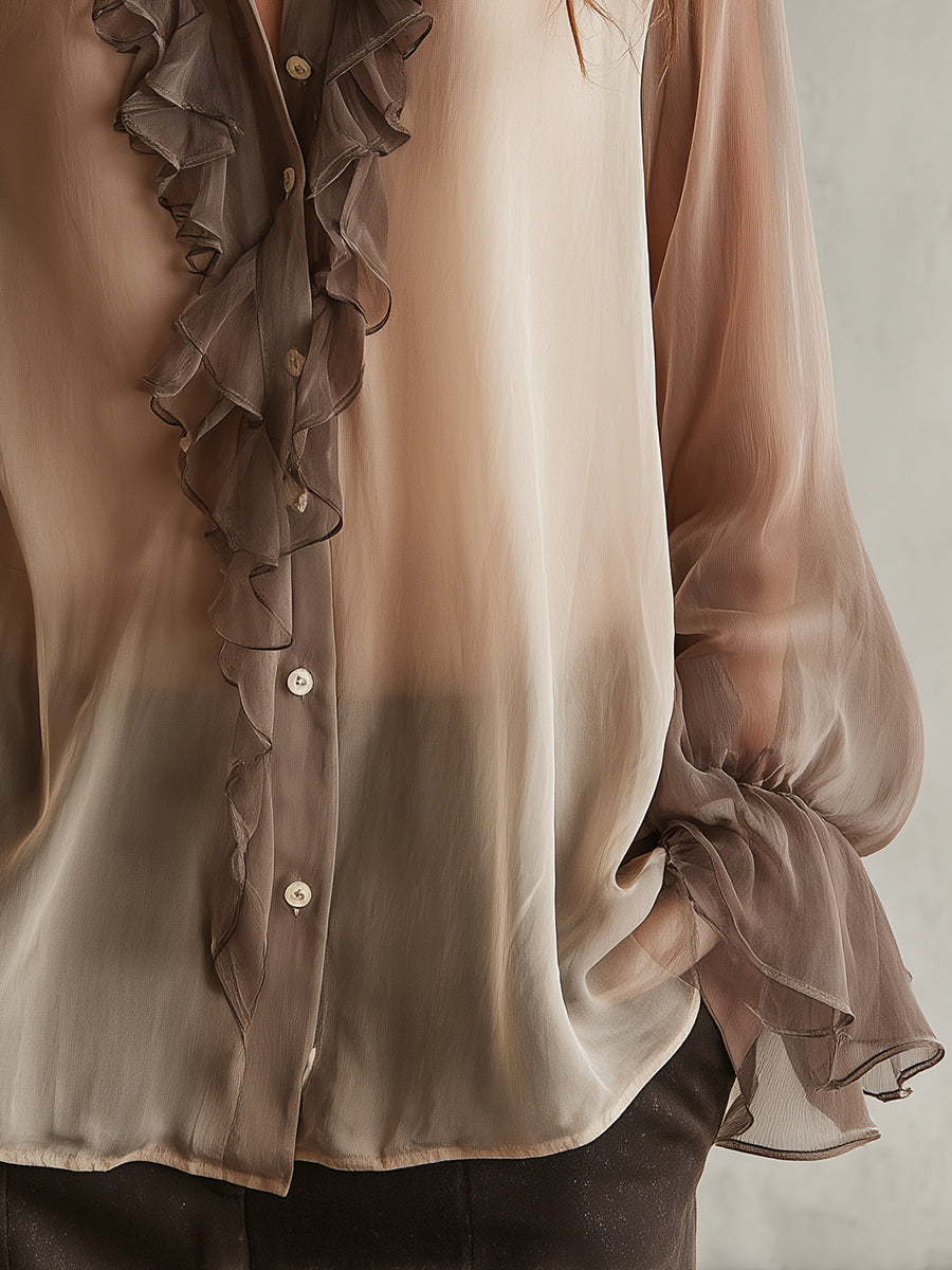 Retro Ruffle Neckline Bell Sleeves Chiffon Blouse