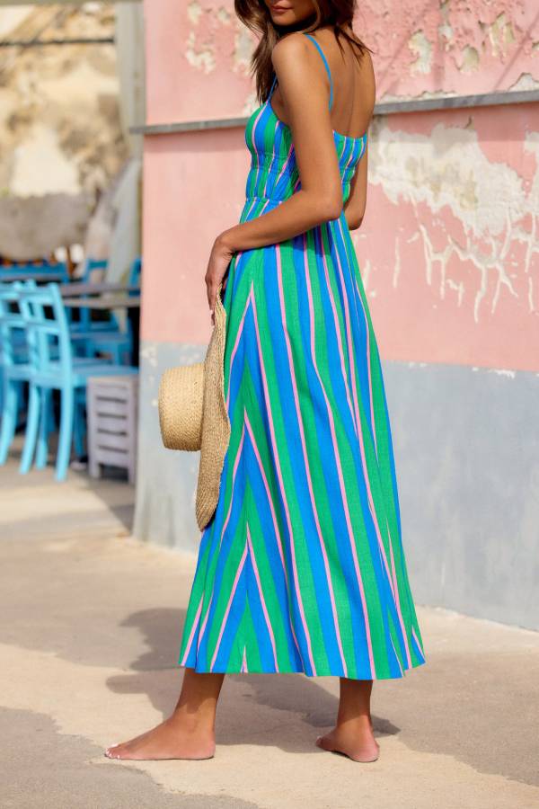 Gigi Linen Blend Stripe Elastic Bodice Pocket Loose Midi Dress - Fashionpara