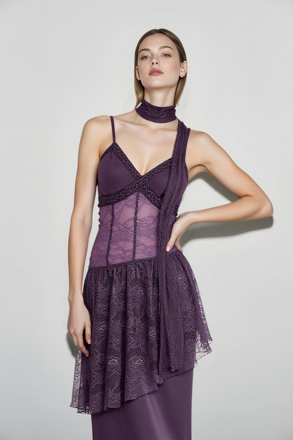 Sheer Lace Overlay V-Neck Handkerchief Maxi Dress 9