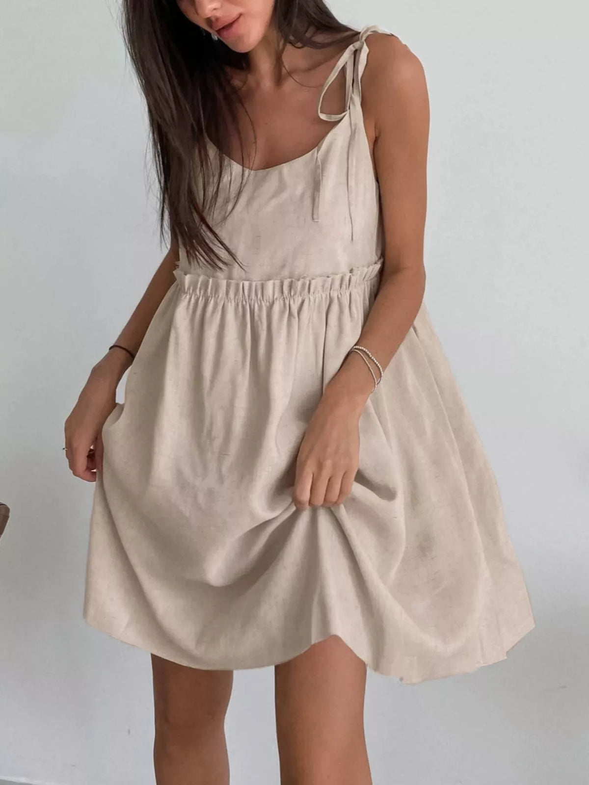 Tie Strap Scoop Neck Ruffle Waist Linen Look Mini Dress