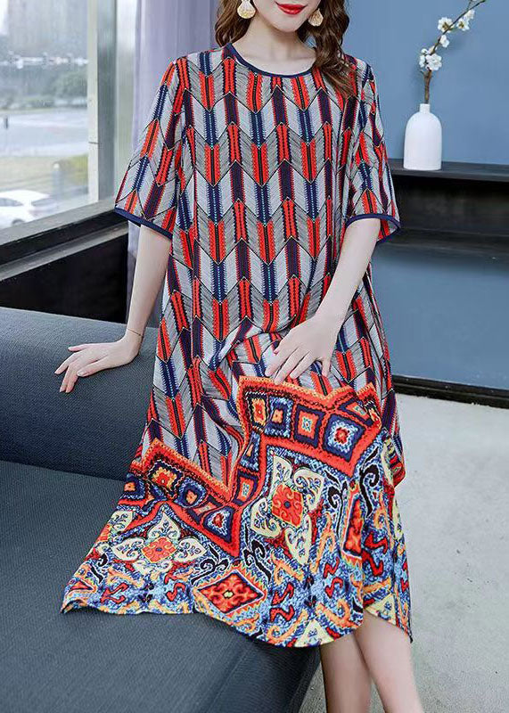 Geometric Chevron Print Ornate Border Short Sleeve Shift Midi Dress