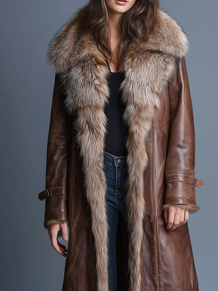 Vintage Brown  Long Eco Leather Trench Coat WithEco Fur Collar - Fashionpara
