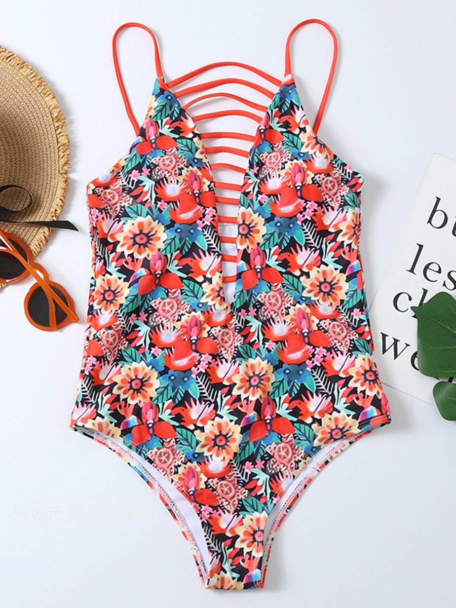 Floral Print Hollow One-piece Swimsuit - Fashionpara