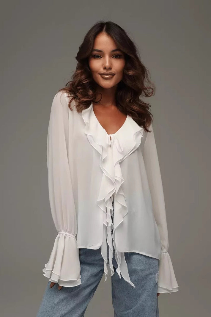 Solid V-Neck Ruffled Flare Sleeve Blouse