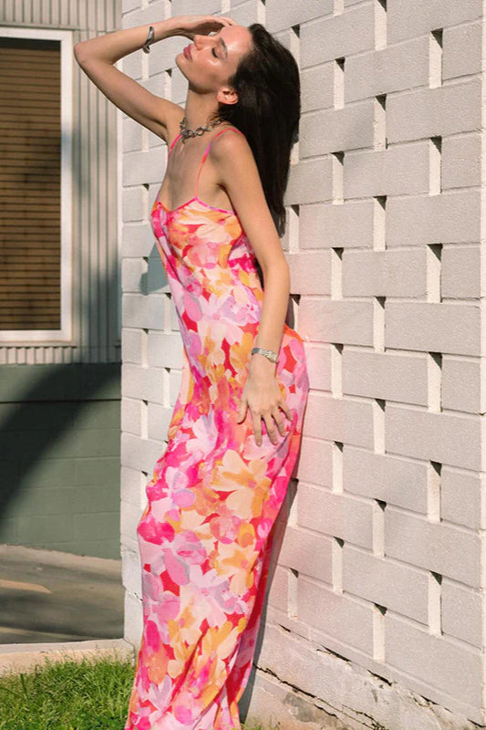 Floral U-Neck Halter Backless Bodycon Maxi Dress