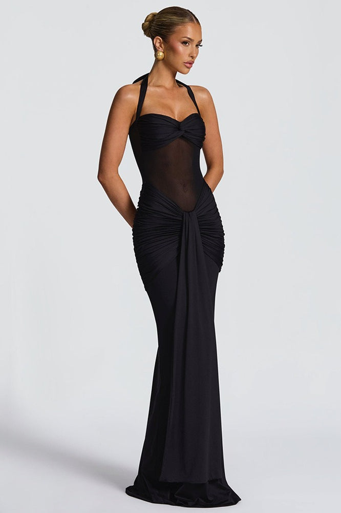 Halter Sweetheart Mesh-Cutout Ruched Mermaid Gown