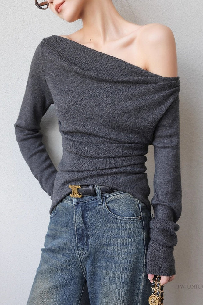 Asymmetric Neck Slim Knit Top