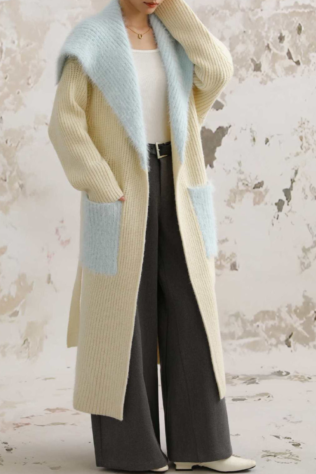 Faux Fur Collar Long Patchwork Loose Knit Overcoat