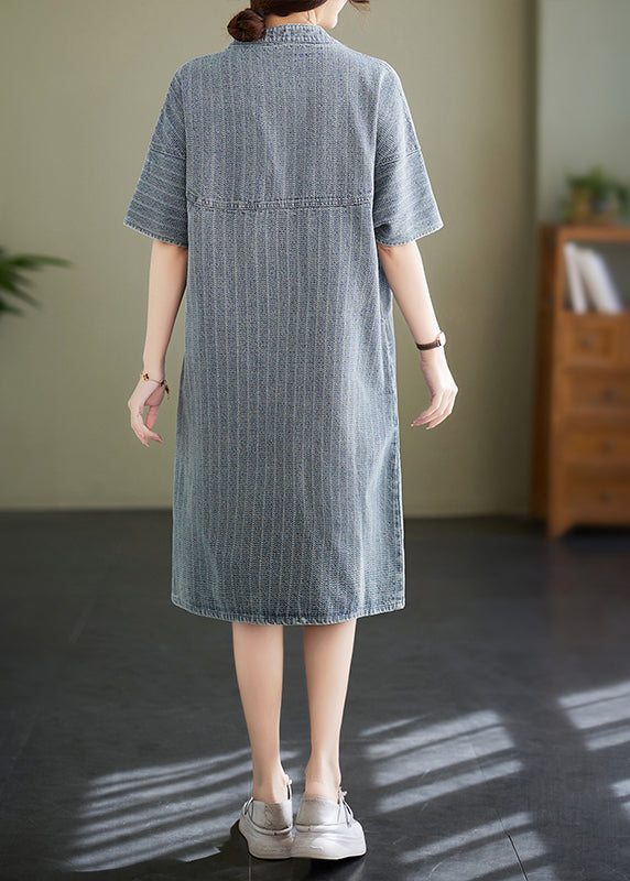 Striped Denim Mandarin Collar Button Down Short Sleeve Shirt Dress - View 4