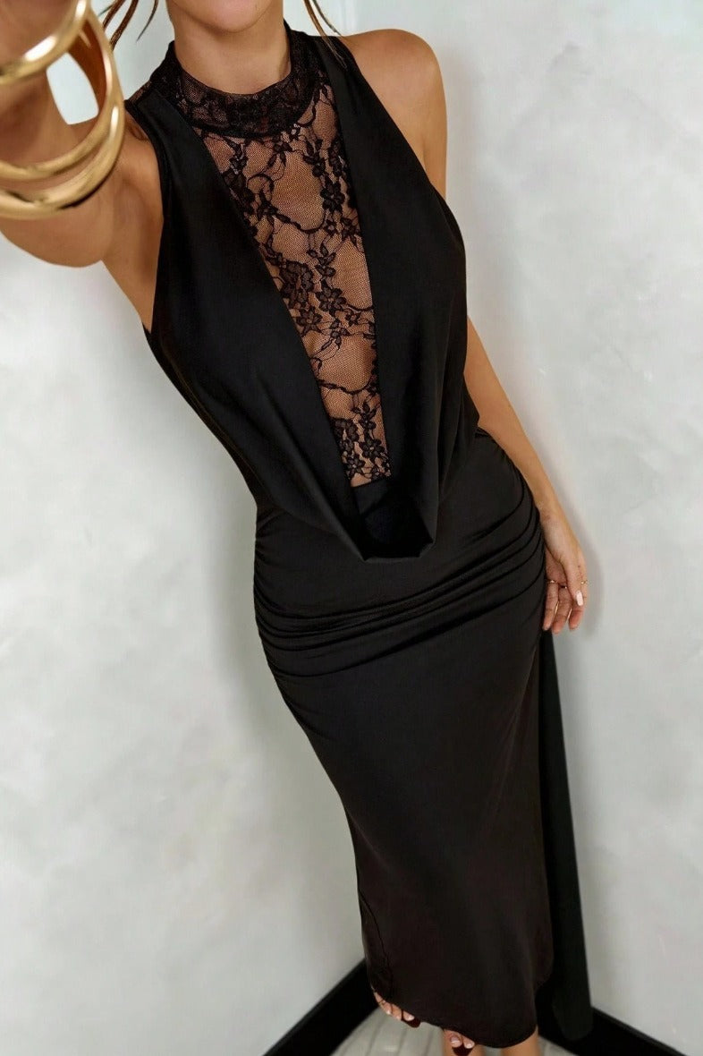 Halter Neck Lace Panel Cowl Drape Bodycon Dress