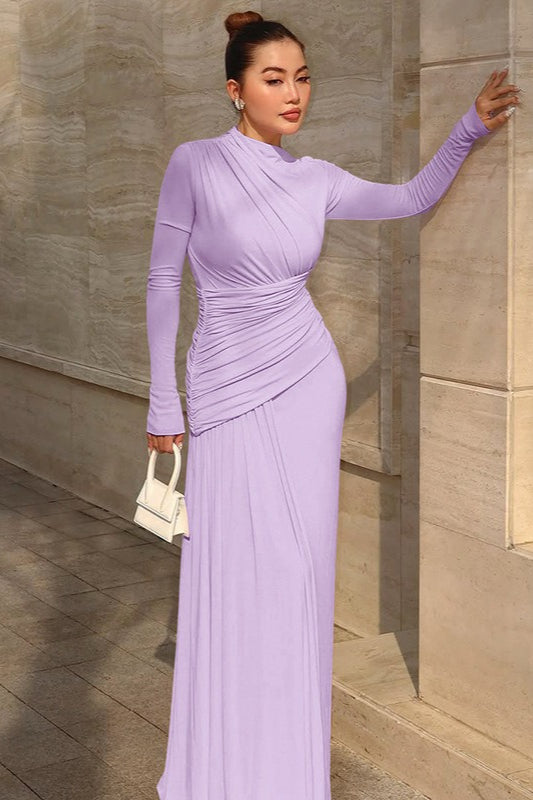 High Neck Long Sleeve Ruched Column Maxi Dress