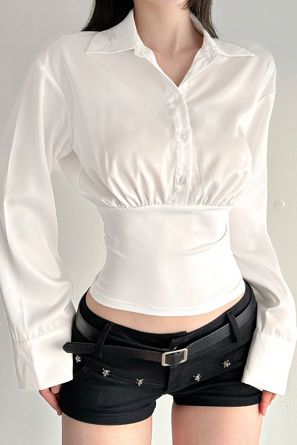 Sleeve Panel Solid Polo Blouse