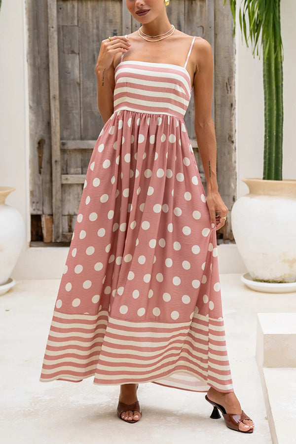 Striped Polka-dot Print Sling Pleated Open-back Maxi Dress - Fashionpara